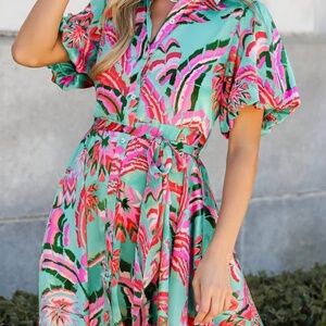 Green Abstract Print Lace-up High Waist Buttoned Mini Dress Large